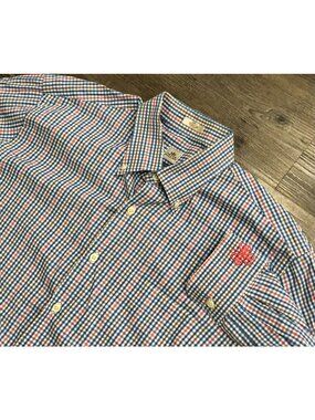 Peter Millar Mens Large Blue Red White Checked Cotton Button Down Shirt